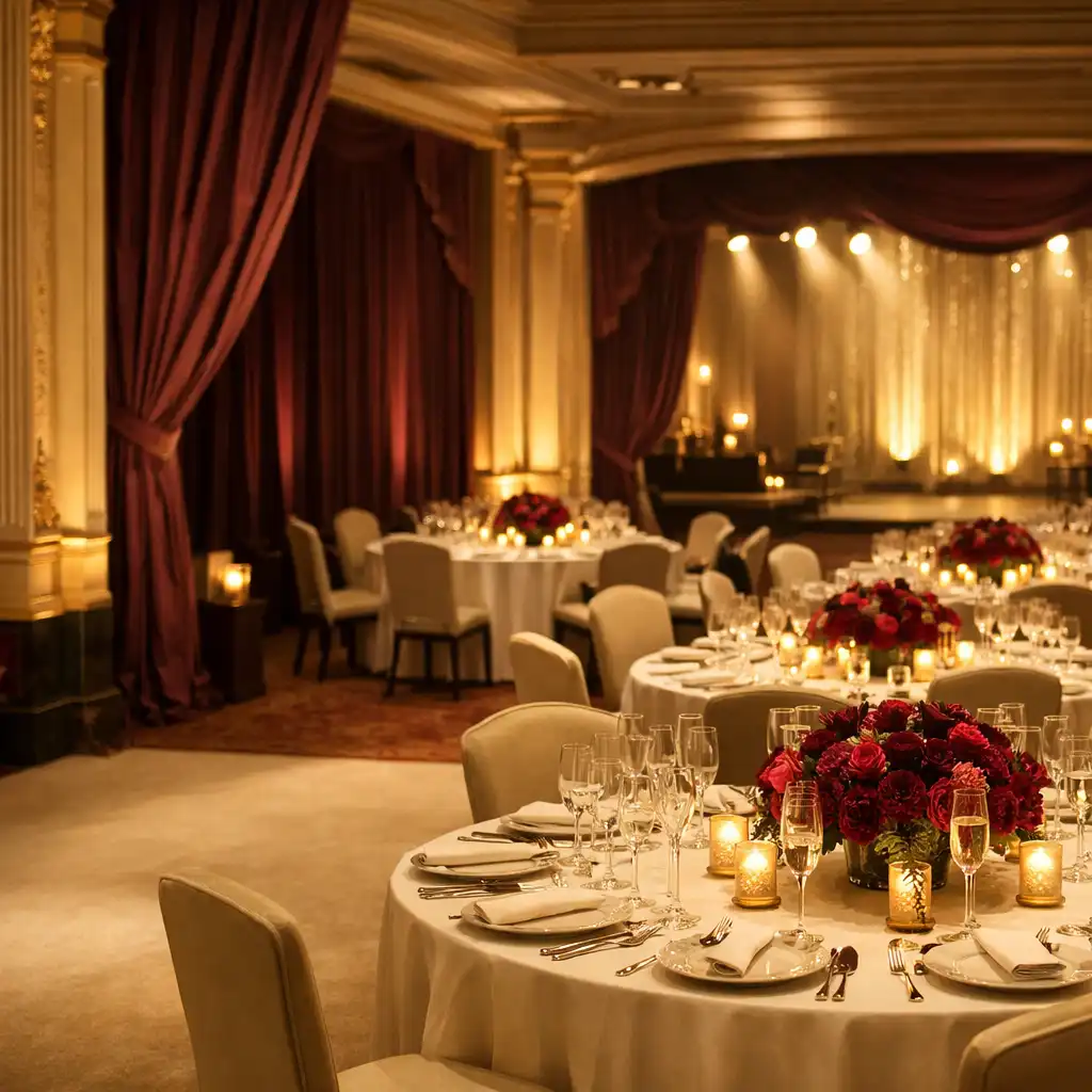 Styled gala room with ivory tables, plum drapery, warm lighting and a softly lit stage
