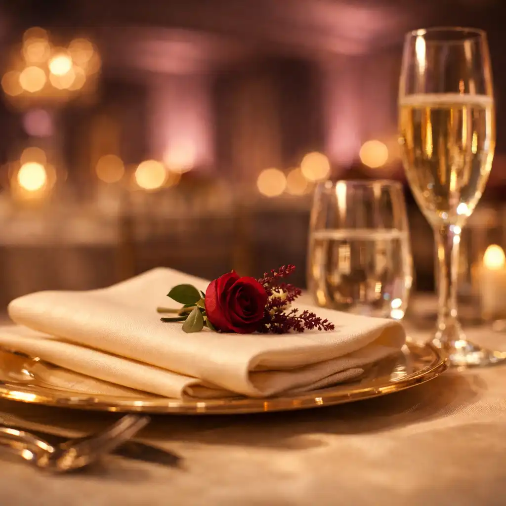 Champagne-toned gala place setting with ivory linen and a ruby floral detail