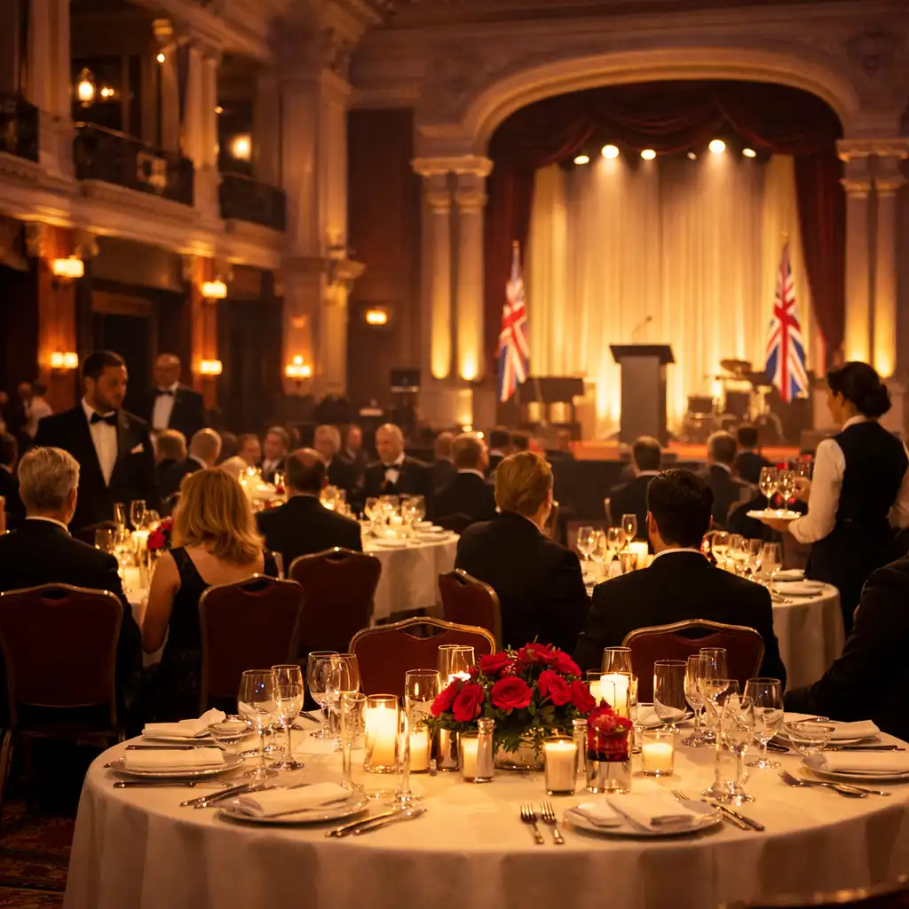 Corporate gala room with ivory-dressed tables, a softly lit stage and event staff