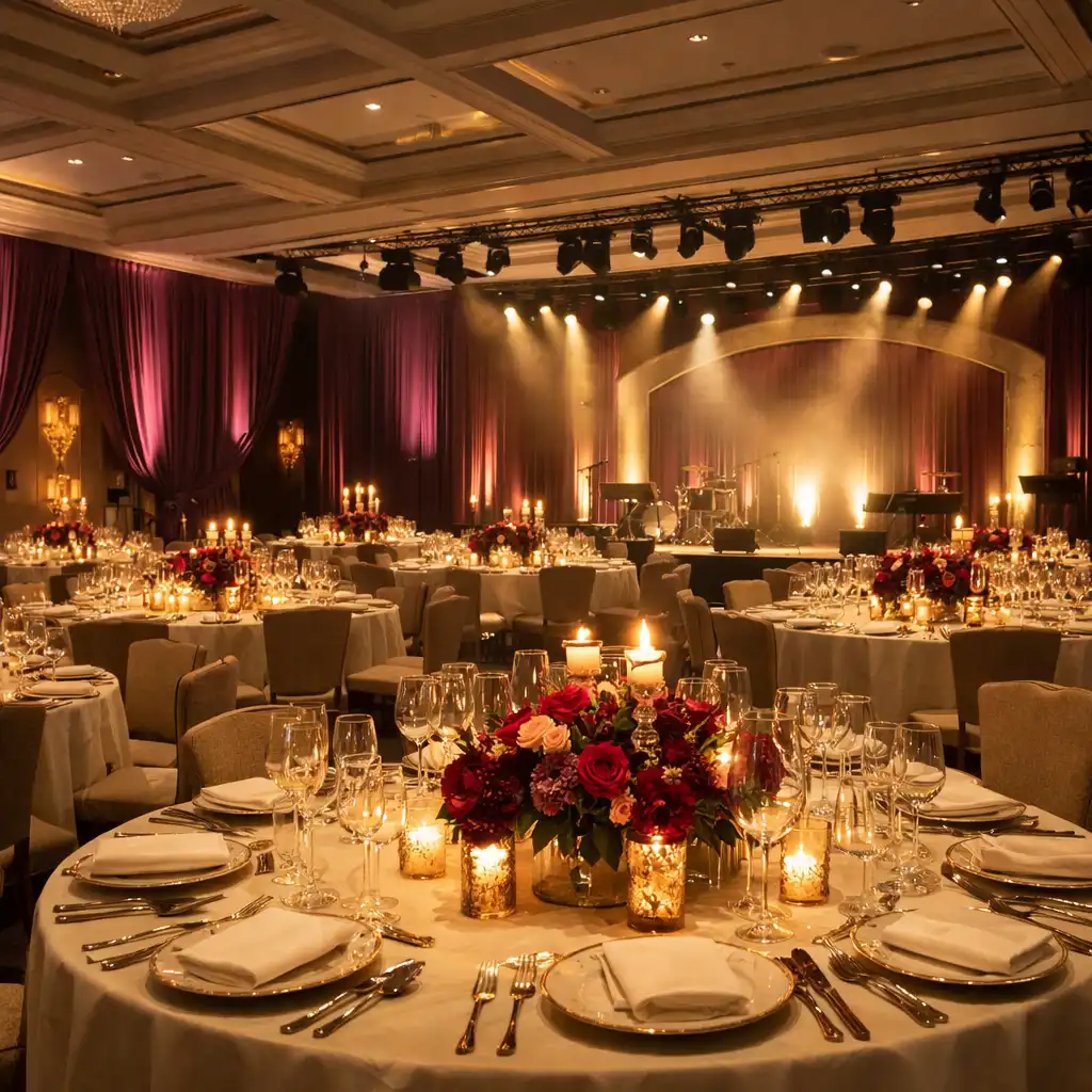 Fully dressed corporate gala room with ivory tables, coordinated lighting and a softly illuminated stage