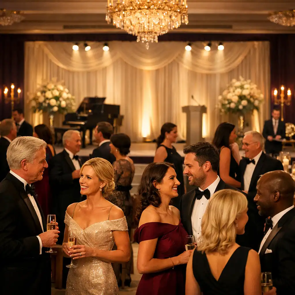 Guests conversing at a refined corporate milestone gala with a softly lit focal area