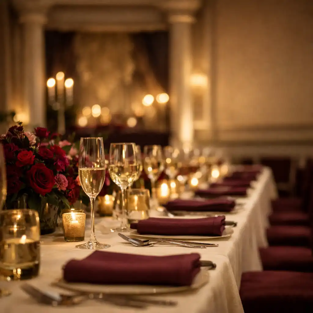 Refined corporate dinner table with ivory linen, warm glassware and softly lit venue styling