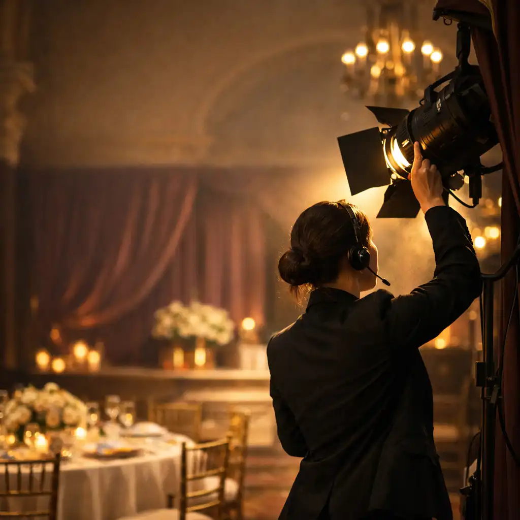 Event production professional preparing lighting in a styled gala room before guests arrive