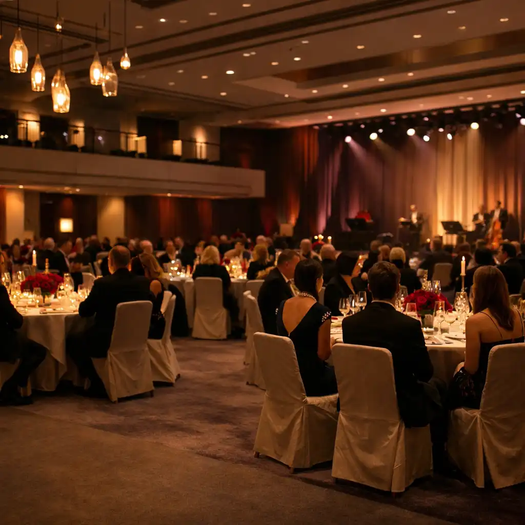 Grand gala reception with dressed dining tables, softly lit stage and architectural depth in a London venue