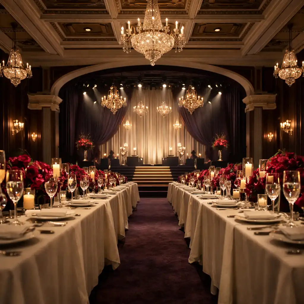 Prepared milestone gala hall with staged focal point, layered lighting and long dressed tables