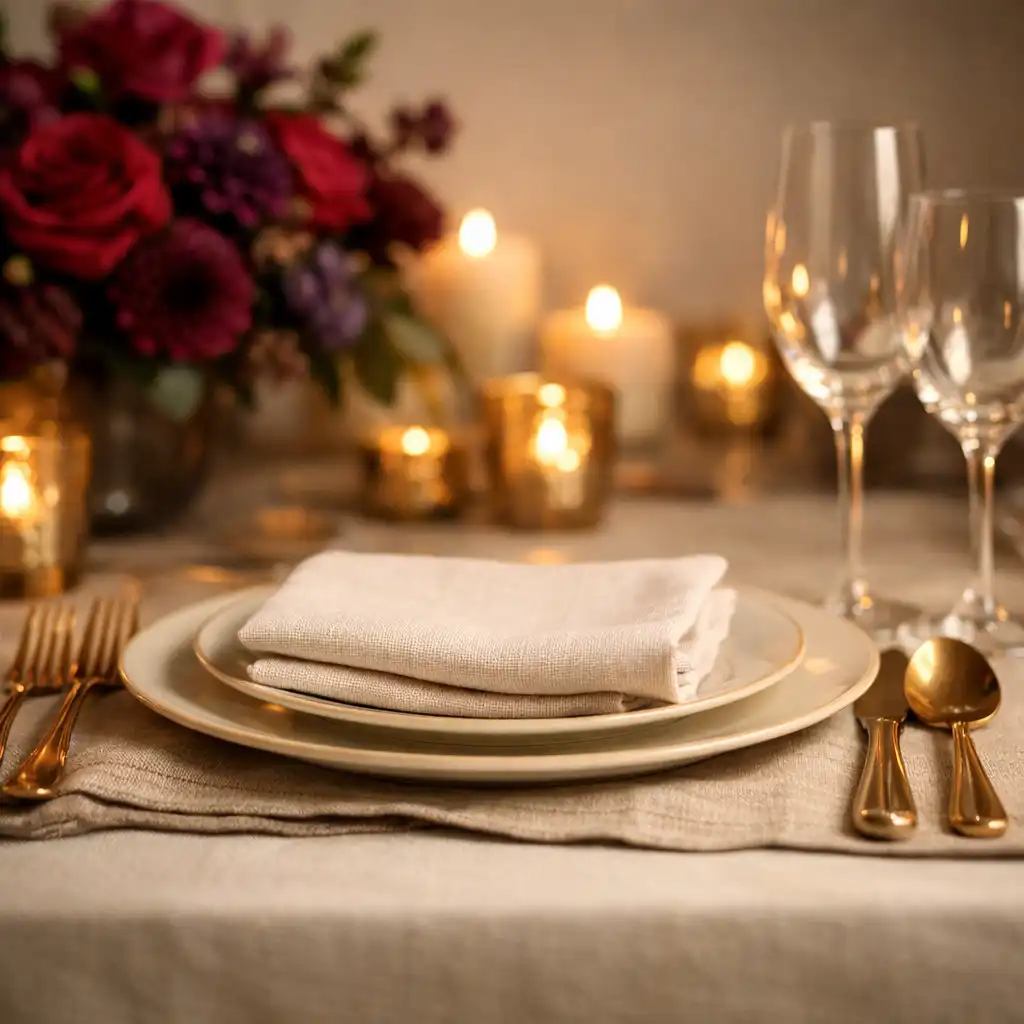 Ivory gala tablescape with champagne-toned place settings and plum and ruby floral detail