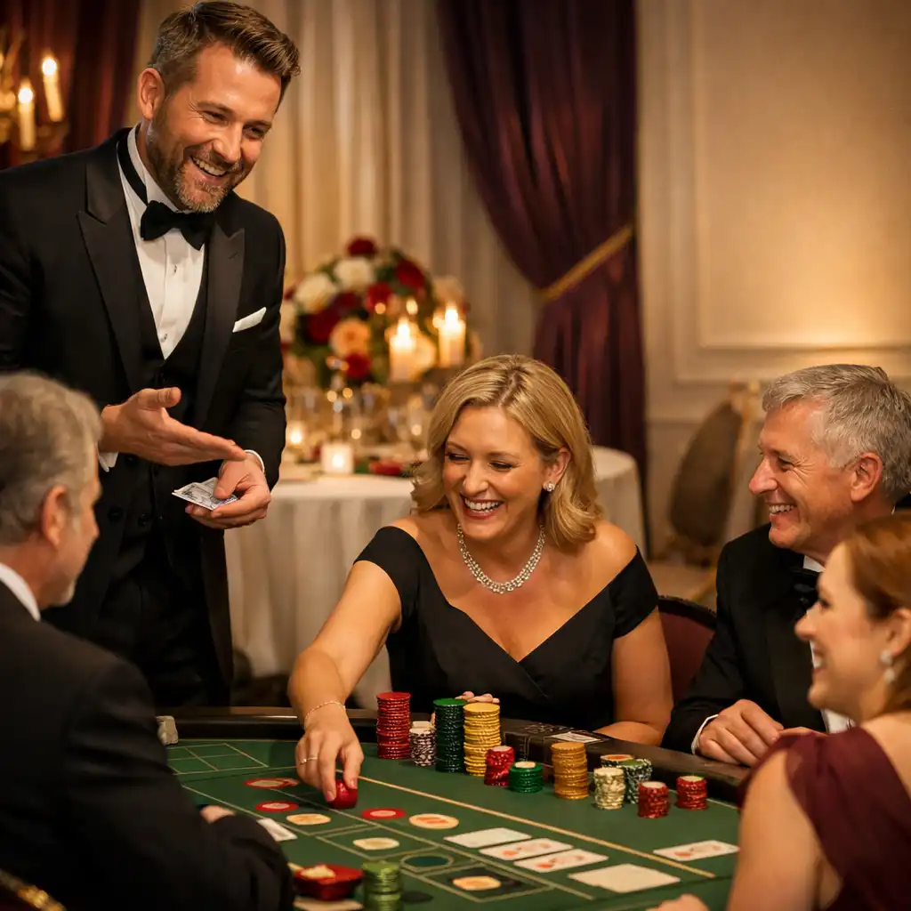 Professional host guiding adult guests through a styled play-money entertainment programme in a gala room