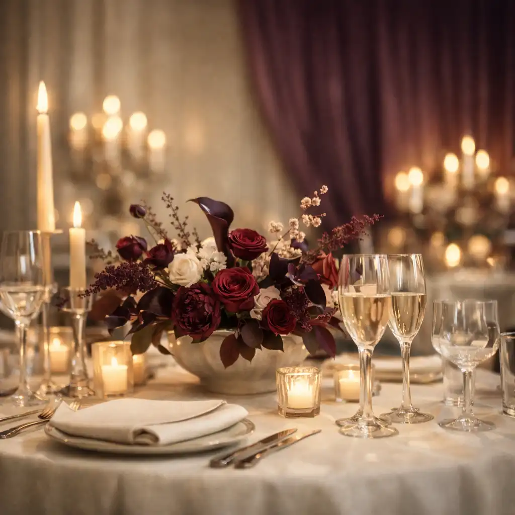 Milestone gala table with ivory linen, champagne glassware and ruby-toned florals