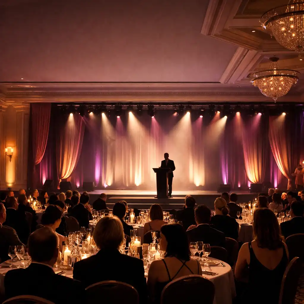 Awards night ballroom with elegant stage lighting and formally dressed tables