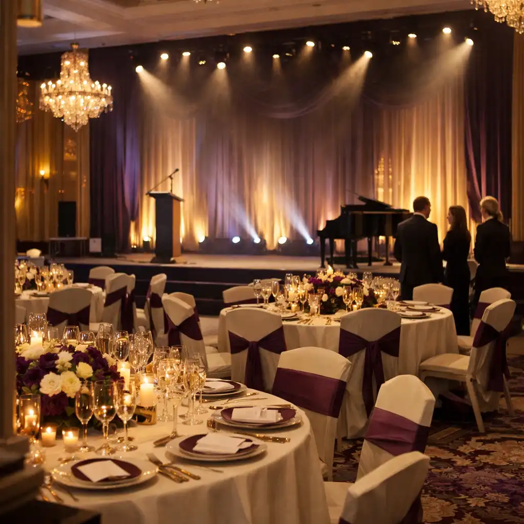 Corporate gala room with a dressed stage, ivory tables and layered lighting
