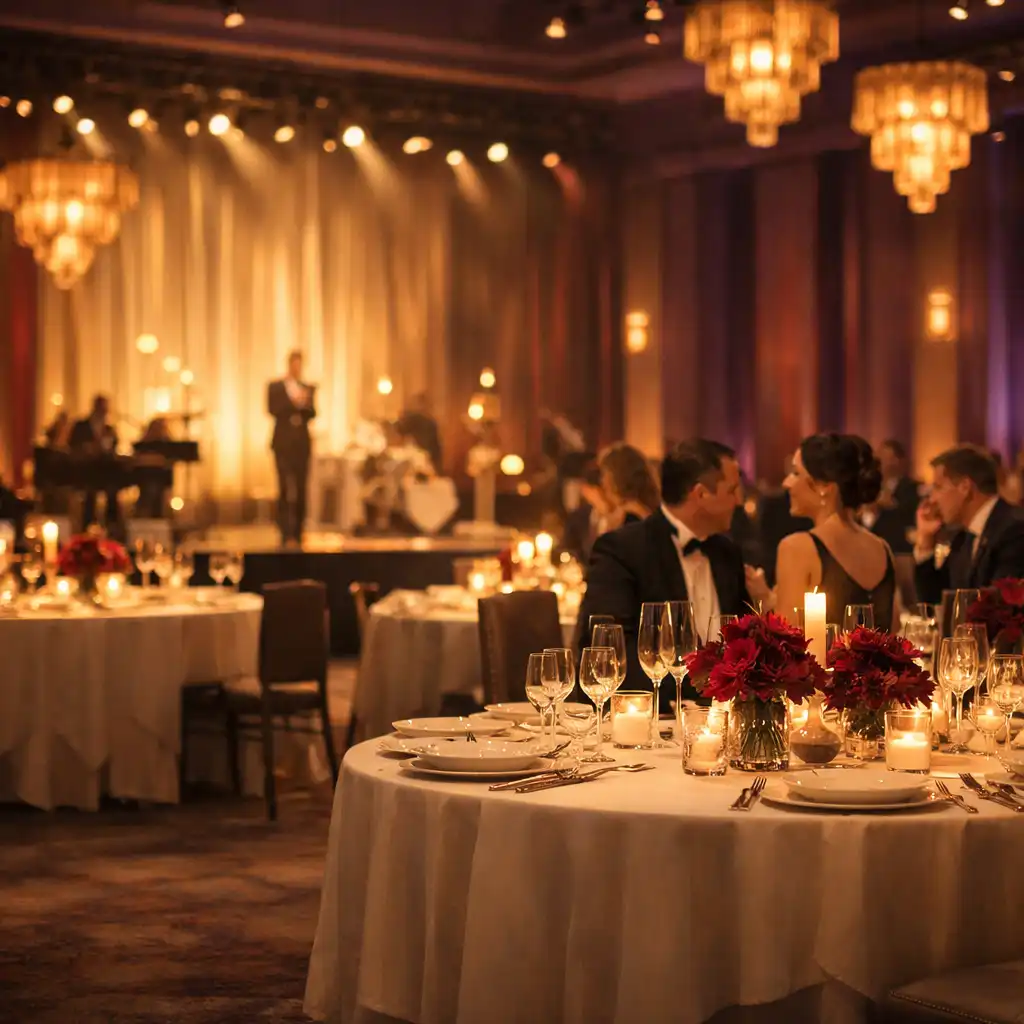 Evening gala room with dressed dining tables, warm lighting and a softly lit stage