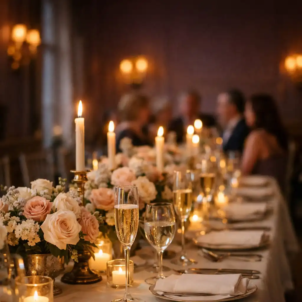 Private celebration table with ivory linens, rose florals and warm candlelight