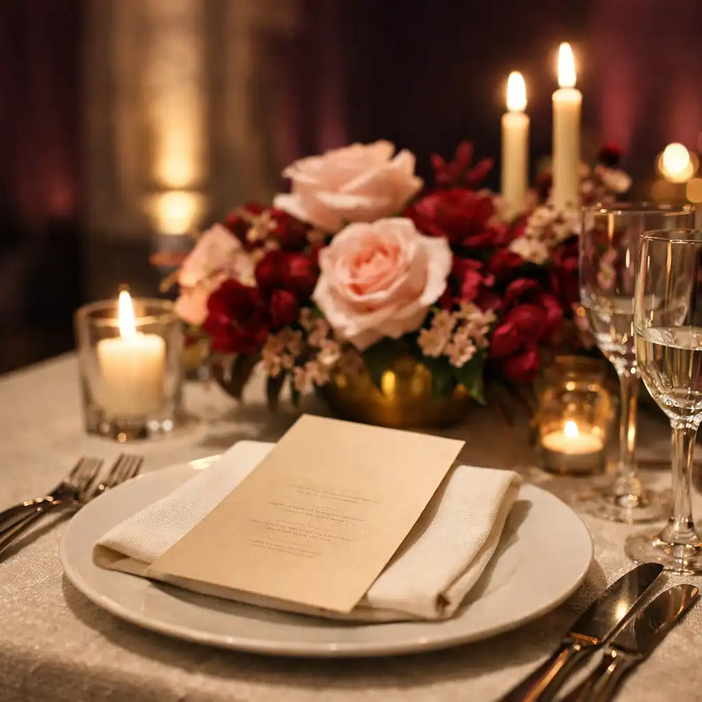 Ivory place setting, candlelight and floral styling at a private celebration table