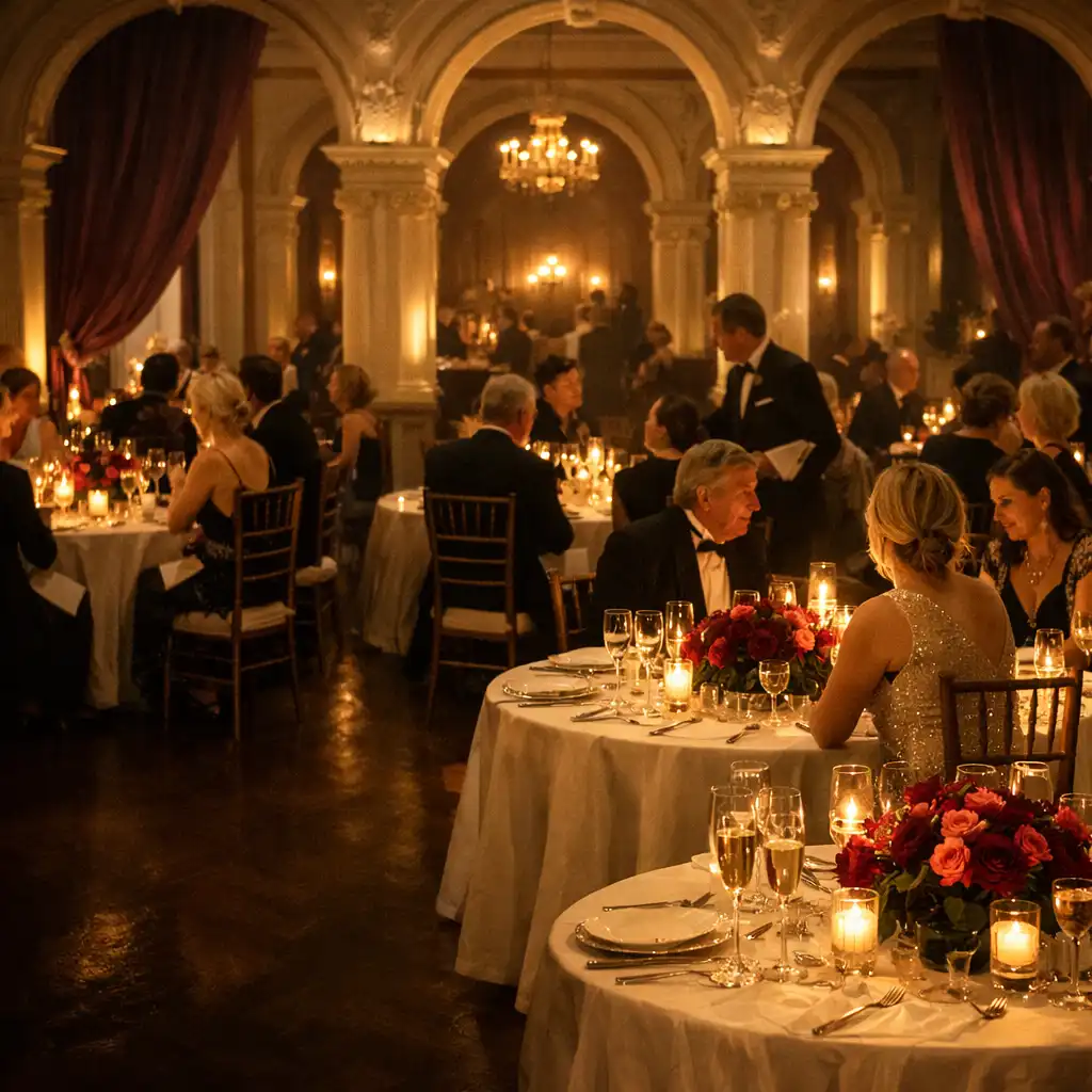 Guests gathered among ivory dining tables in a warmly lit private gala reception