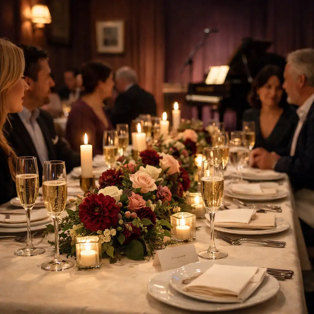 Guests in conversation along a candlelit table at an elegant private dinner