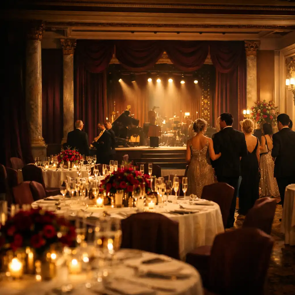 Gala room with ivory-dressed tables, warm lighting and a softly lit stage prepared for an evening celebration.