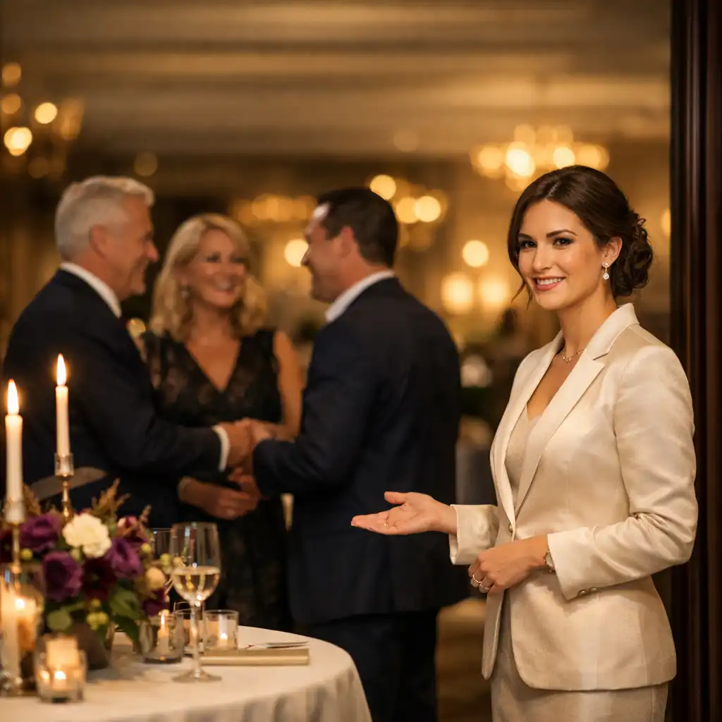 Professional event host greeting adult guests beside a styled table at an elegant evening reception.