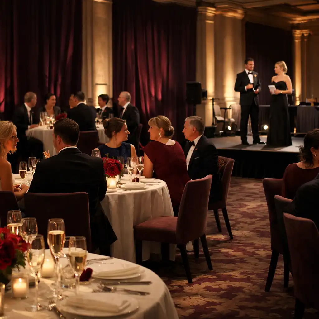 Corporate guests gathering in a professionally lit gala room with styled tables and a stage