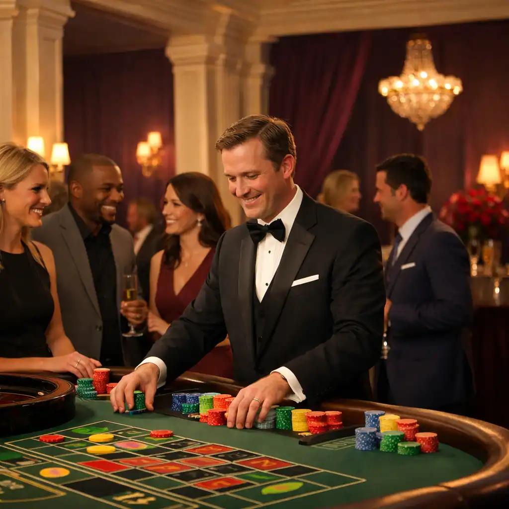 Professionally dressed host guiding colleagues at an elegant play-money casino-style entertainment table