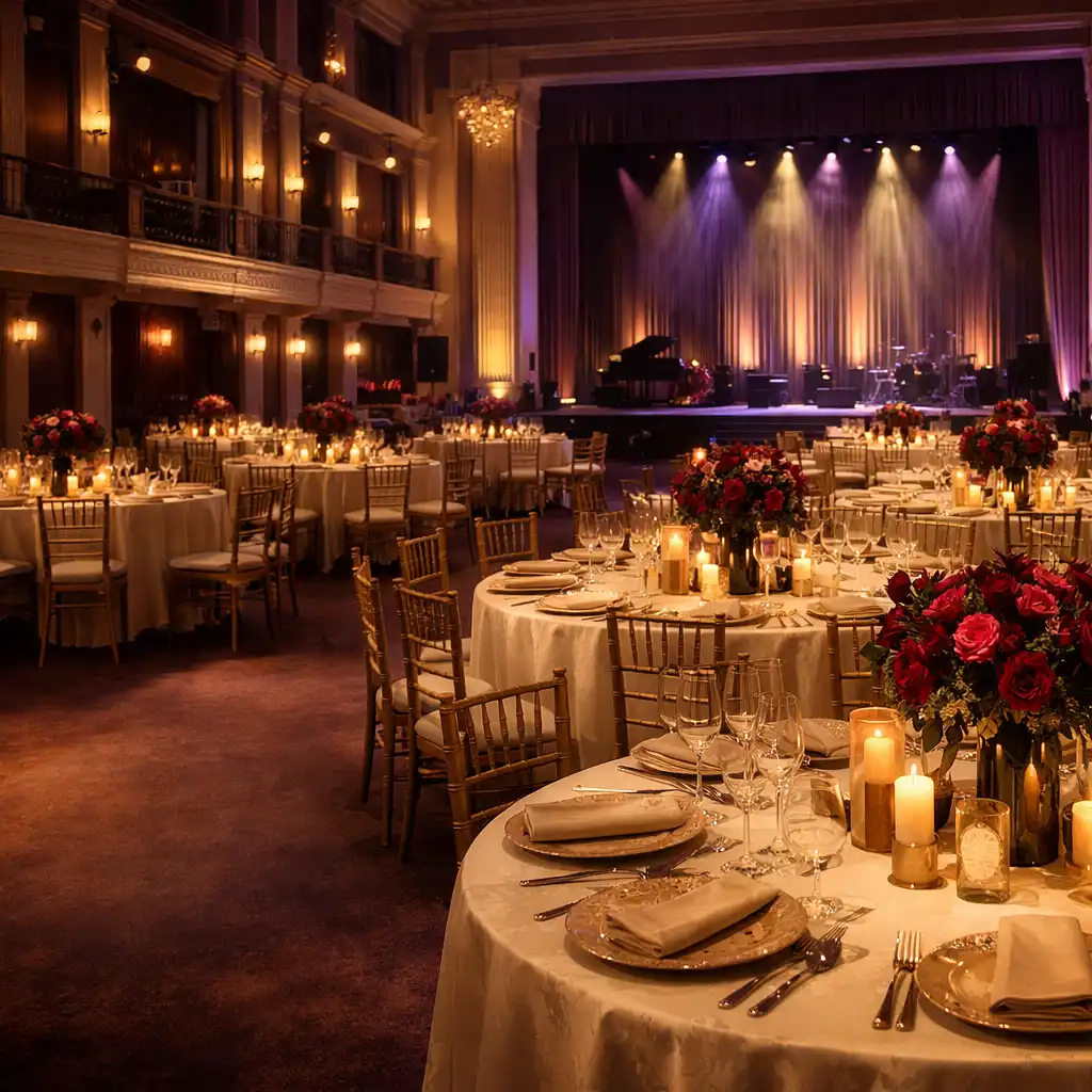Prepared gala reception with ivory tables, champagne details, ruby florals and a lit stage area